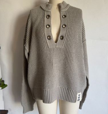 NEW Free People We The Free Say Oui Henley Pullover-Grey-Cotton Wool Knit-Size L