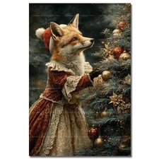 CHRISTMAS FOX SANTA HAT ART PRINT, Fantasy Animal Poster Holiday Gift Home Decor