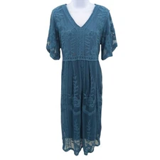Bella Ella Dress Womens Large Blue Midi Lace Floral Embroidered Boho Romantic