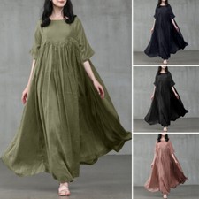 Womens Short Sleeve Cotton Loose Waist Party Swing Maxi Dress S-5Xl