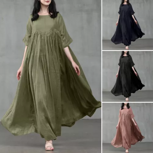 Damen Kurzarm Baumwolle Lockere Taille Party Swing Maxikleid S-5xl - Bild 1 von 28