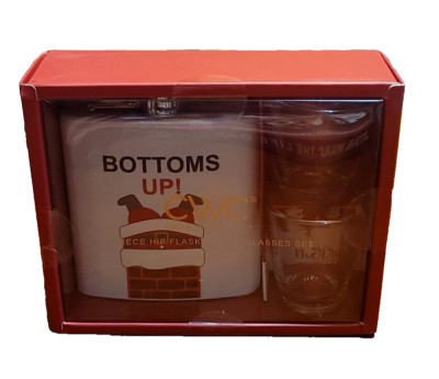 3 pc. Holiday Hip Flask & Shot Glasses Gift Set ''Bottoms Up'' Santa in Snowbank