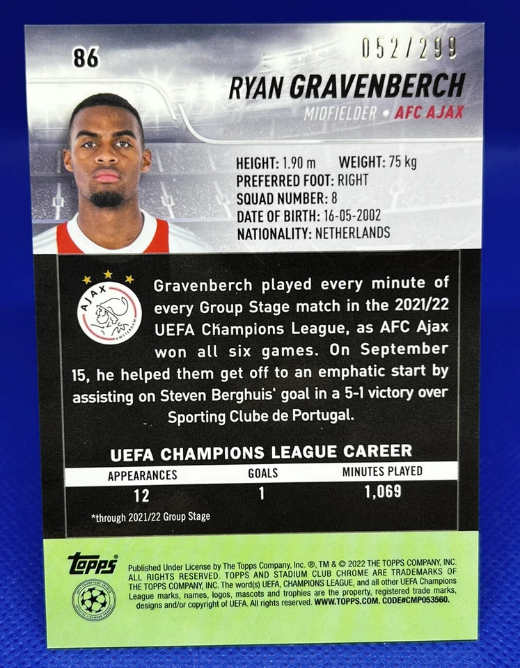 2021-22 Stadium Club Chrome UCL RYAN GRAVENBERCH Black & White #052/299! - Image 2 of 3