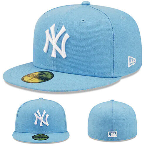 blue fitted hat with patch