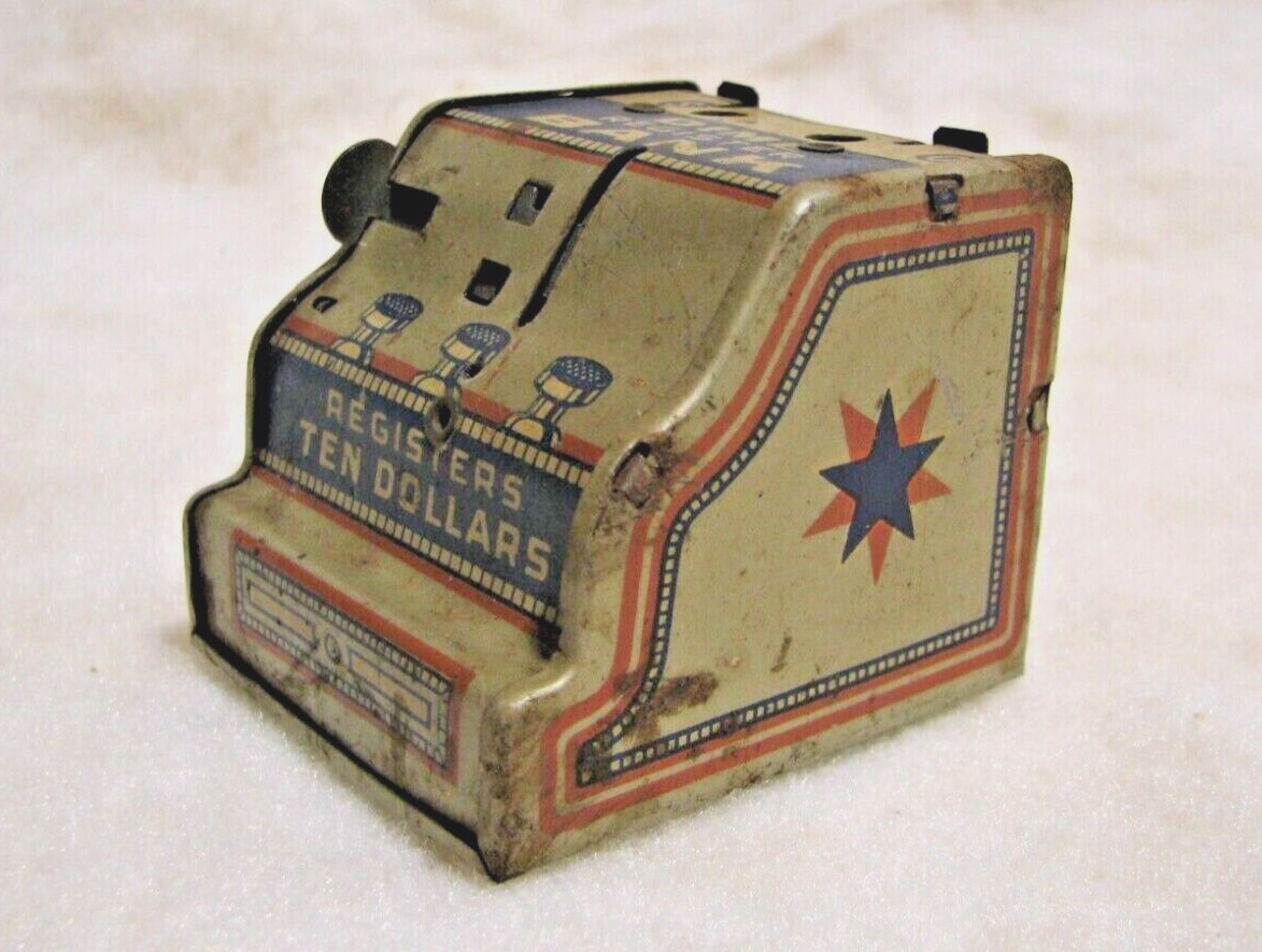 как выглядит Vintage J Chein Dime Cash Register Tin Piggybank, Ten Dollars, USA фото