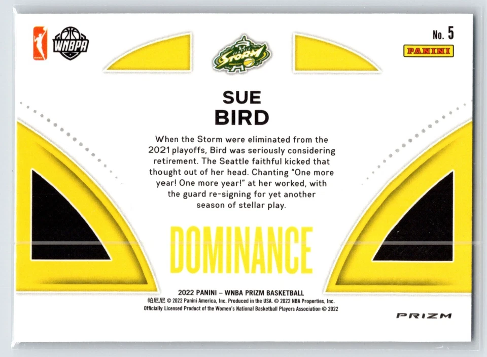 Sue Bird | 2022 Panini Prizm WNBA Dominance #5 Green Prizm Seattle Storm - Image 2 of 2