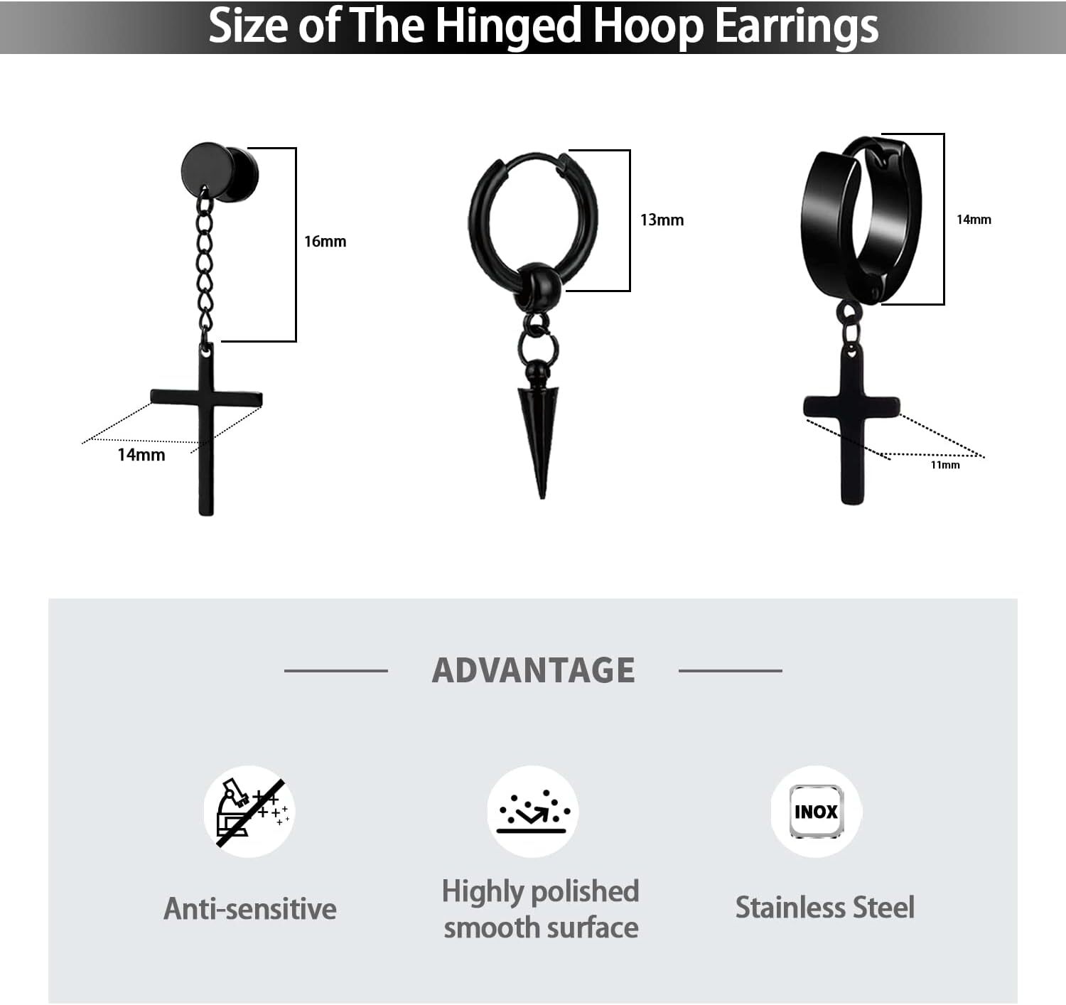 16 Aretes De Hombre Para Ninas Ninos Mujer Modernos Arete Cruz Cristian Negro US