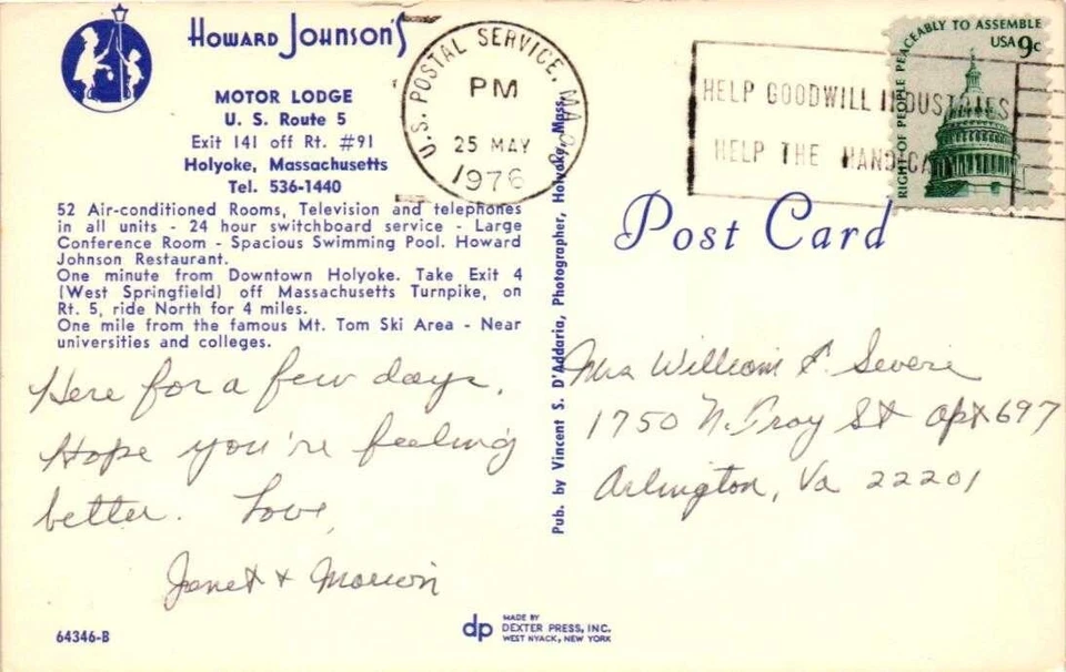 Holyoke, Massachusetts HOWARD JOHNSON Motor Lodge Hotel US Route 5 1976 SLOGAN - Image 2 of 2