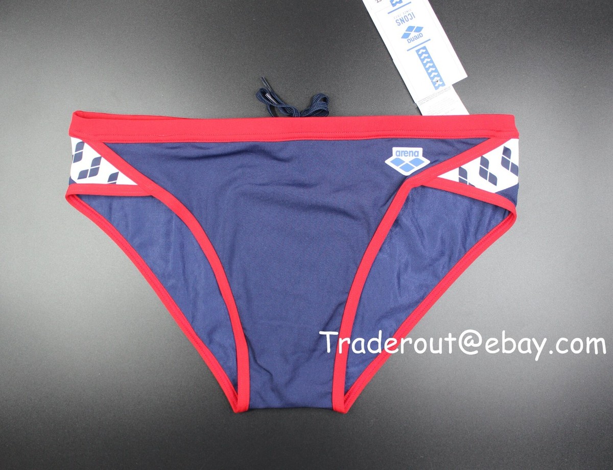 Arena men navy blue red trim Icon swim brief swimwear size