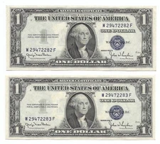 1935D $1 SCs. 2 Consecutive & UNCIRCULATED. Reverse CHANGEOVER Pair, Narrow/Wide