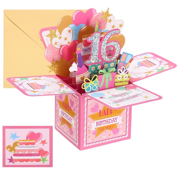 16. Geburtstagskarte, Pop-Out Geburtstagskarte Lustige Karte Süß 3D, Pink-image