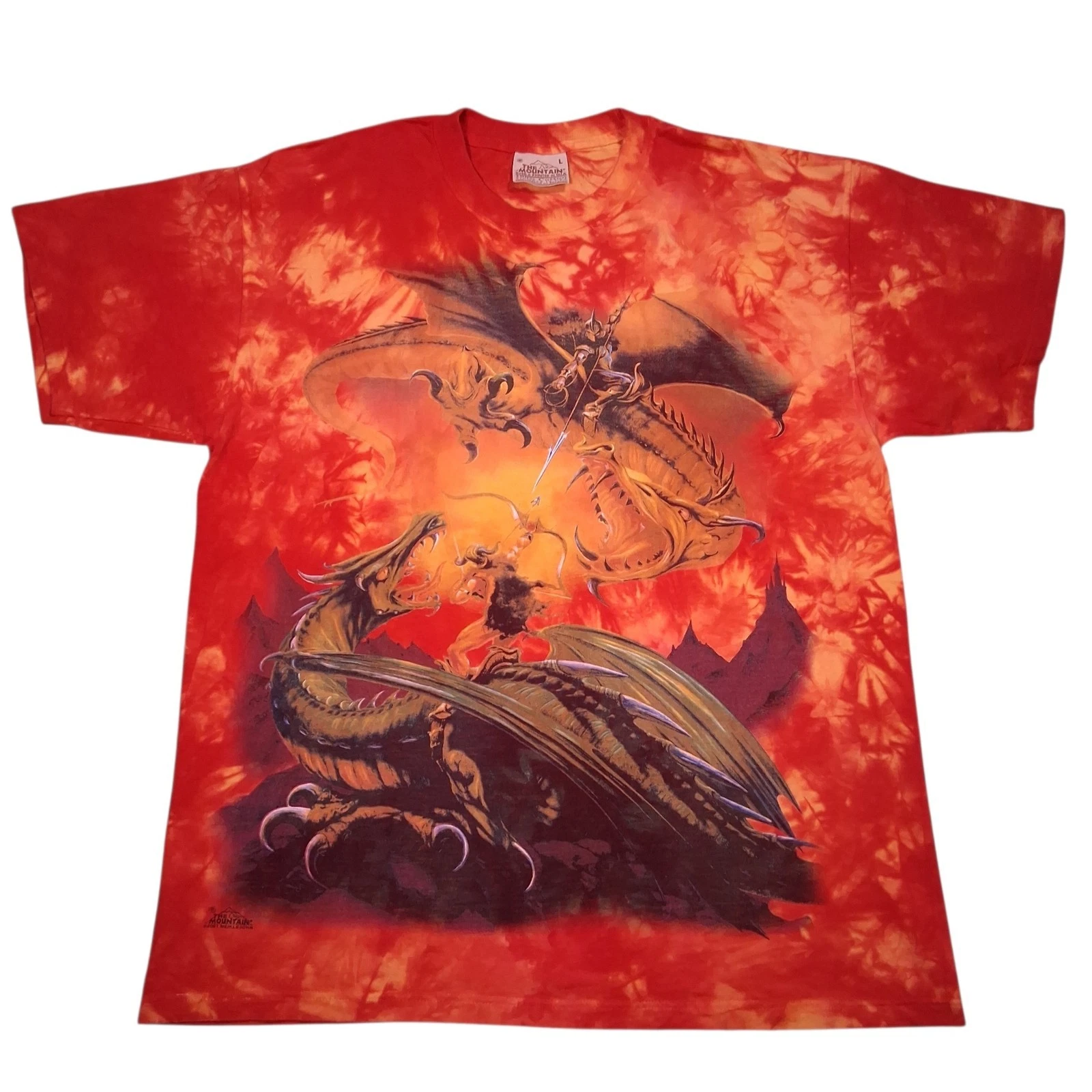 Vintage Y2K The Mountain Wizard Dragon Fire Tie Dye T Shirt Men Size L Red 2001