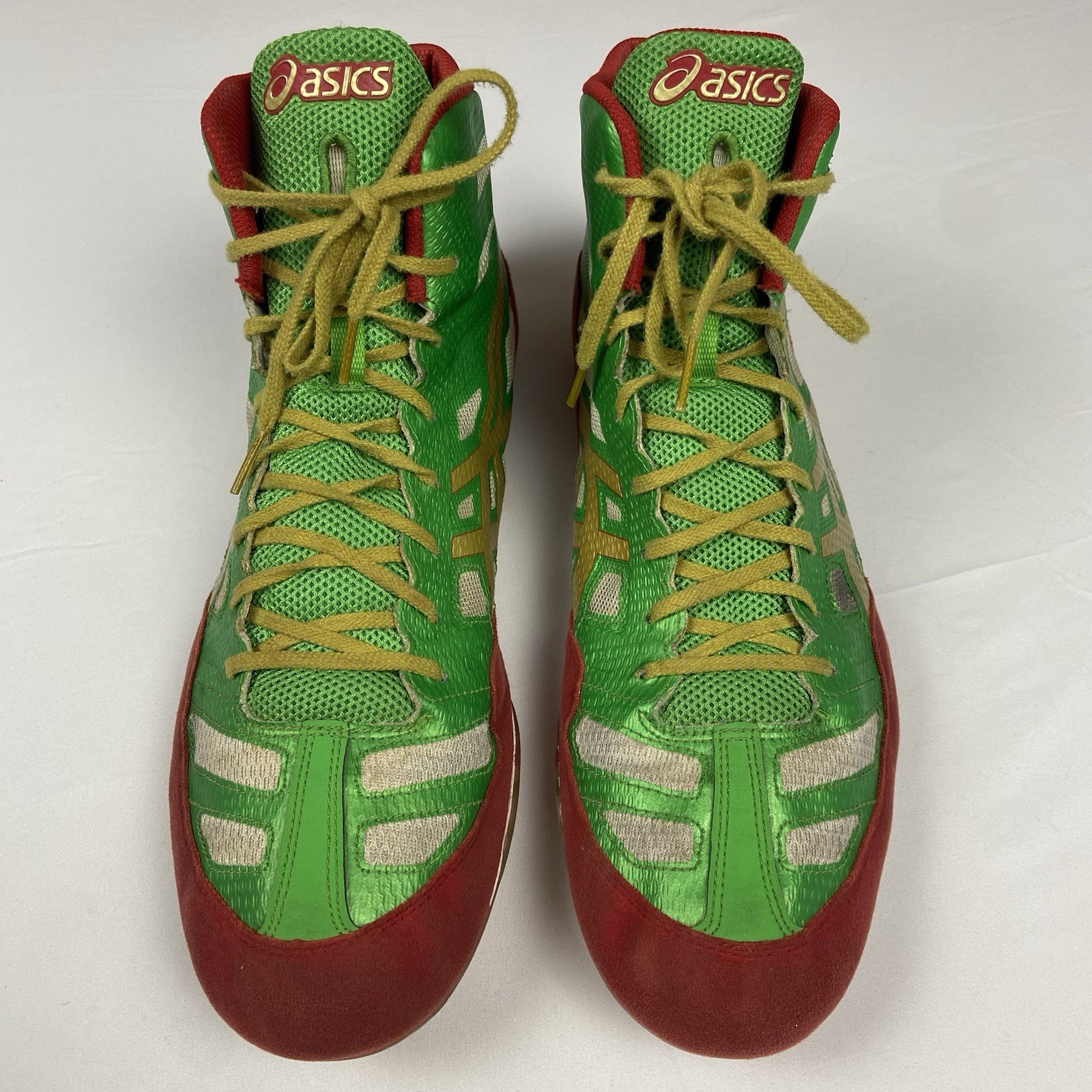 Rare ASICS JB Elite Wrestling Shoes J3A1Y Jordan Burroughs Green/Red/Gold Sz 14 thumbnail 5