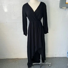 Black Long Sleeve Wrap Midi Dress Crinkle Fabric Elastic Waist S