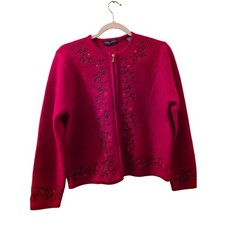 Vtg 100 Wool Floral Embroidered Zip Up Cardigan Sweater Size PM Karen Scott