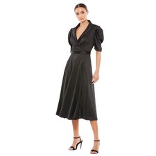 MAC DUGGAL Dress Size 4 Evening Gown Satin Black NEW Midi V Neck Puff Sleeve