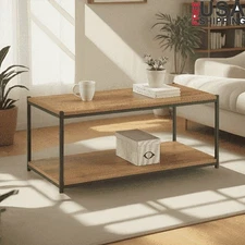 Industrial Coffee Table Solid Wood Top Metal Frame Storage Shelf Easy Assembly