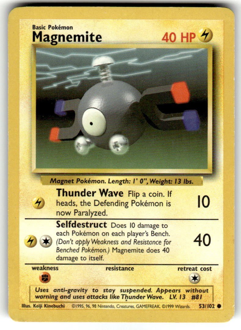 1999 Heavily Played Pokemon 53/102 Magnemite Base Set Non Holo English