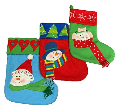 3 Felt Embroidery Christmas Stocking Colorful Snowman Design Works 16''