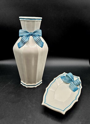 Vintage Italian Italy Porcelain Trompe l'Oeil Blu Ribbon Bow Vase & Trinket Tray