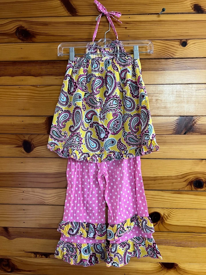 Ann Loren Outfit Yellow Paisley Halter Top & Pink Polka Dot Pants Girls Size 6 - Image 2 of 4