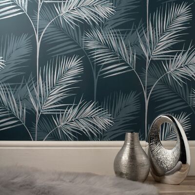 South Beach Palmblatt Fine Decor Tapete Navy Blue Metallic Mica FD42681
