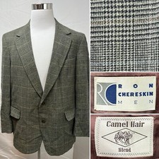 Vintage Ron Chereskin Men's 44R Camel Hair Olive Houndstooth Plaid Blazer Jacket