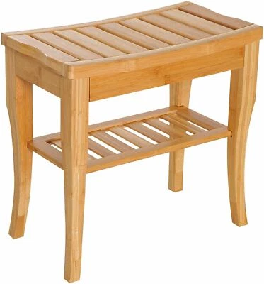 Slatted Bamboo Shower Bench Storage Seat Stool w/ Shelf Safe Comfortable Bath