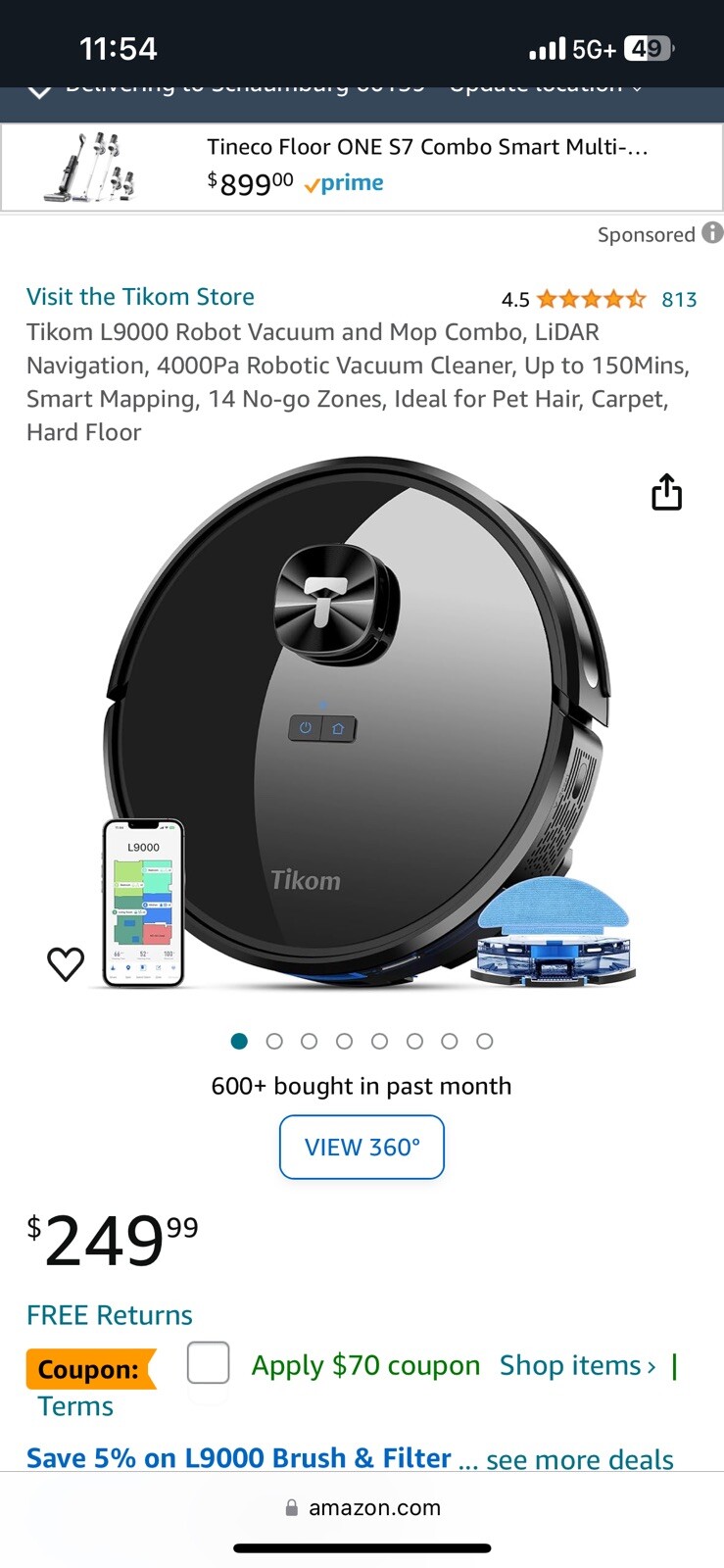 Tikom L9000 Robot Vacuum and Mop Combo, LiDAR Navigation, 4000Pa