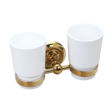 Double Ceramic Cups Gold Wall Mount Bathroom Toothbrush Organizer Brass Holder