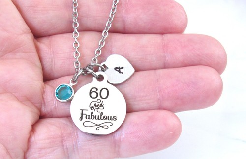 60 & Fabulous Necklace with Initial and Birthstone, 60th Birthday Jewelry Sixty - Picture 3 of 6