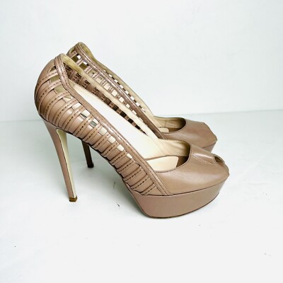 Giorgio Armani tan Leather Peep Toe stiletto heels Pumps Sz 37