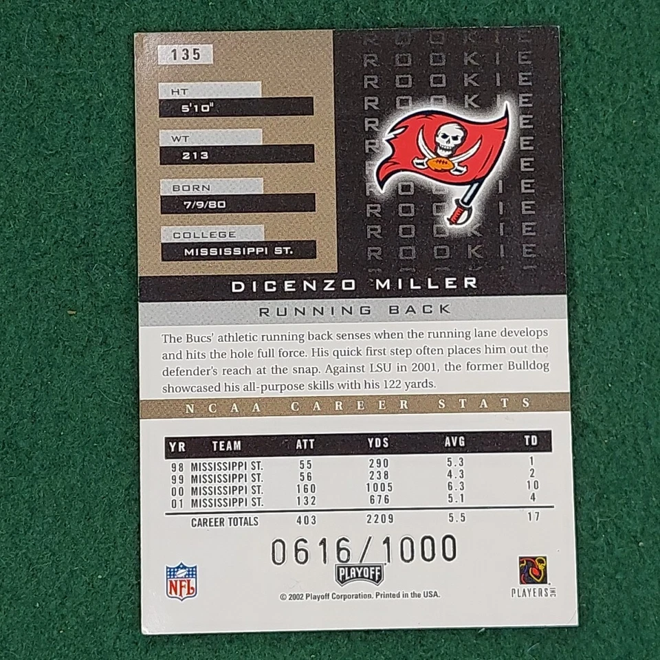 Dicenzo Miller 2002 Playoff Honors Football ROOKIE Card #135 serial #6161/1000 - Image 2 of 4