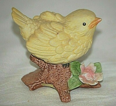 Homco 8885 Yellow Bird Pink Flower Bisque Figurine Curio Cabinet