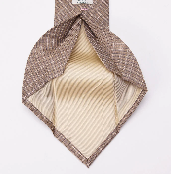 New $225 BORRELLI NAPOLI 7-Fold Silk Tie Light Brown-Slate Blue Woven Check - Image 4 of 4