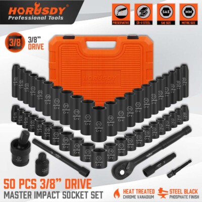 50PC 3/8'' Drive Impact Socket Set Deep & Standard SAE Metric 5/16 - 3/4 8 - 22MM