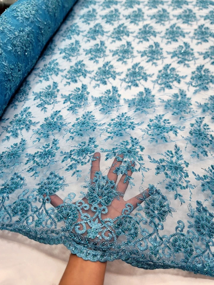 Turquoise Hand Beaded Lace Fabric Sold by the Yard Floral Flowers Embroidered - Image 3 of 4