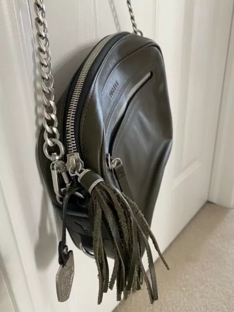 RUDSAK crossbody bag leather dark khaki green metal hang tag small