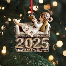Custom Name Book Lover Ornament 2025, Personalized Reading Girl