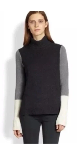 VINCE Women's Colour Block Wool & Cashmere Turtleneck Sweater S  Charcoal