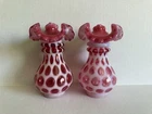 Fenton Cranberry Opalescent Coin Dot Pair Of 6” Vases