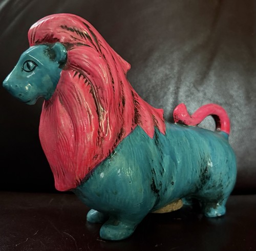 Vintage Retro Paper Mache Lion Bank Groovy Pink Blue Japan