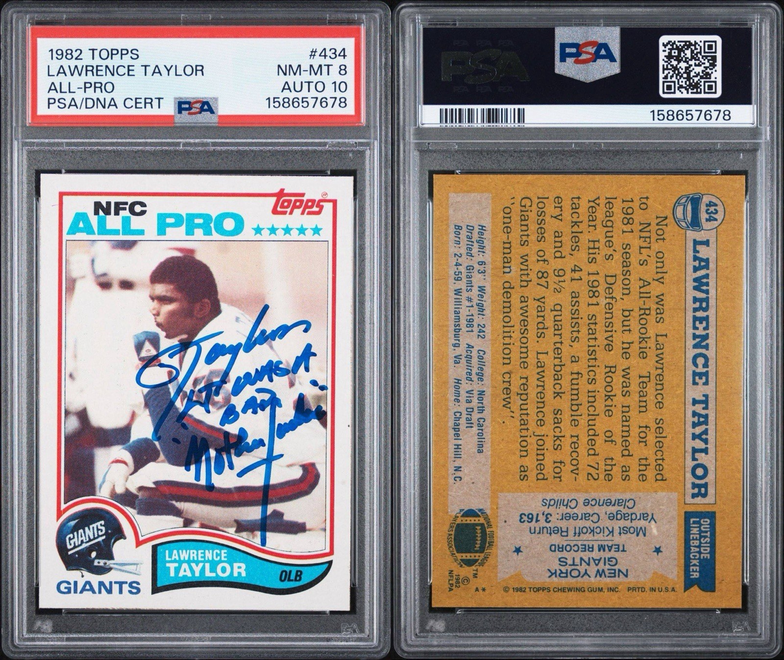 1982 TOPPS LAWRENCE TAYLOR 434 RC PSA 8 Auto PSA 10!!! 🔥 Inscription view 2
