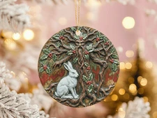 White Hare Yule Ornament Green Man Holly Tree Spirit Pagan Solstice Decor