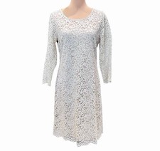 Karen Kane Lace Shift Dress Scallop Hem Scoop Neck 3/4 Sleeve Beige Tan NEW