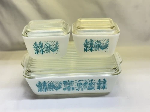 Pyrex Amish Turquoise Butterprint Refrigerator Dish Set with Lids (2) 501 & 503