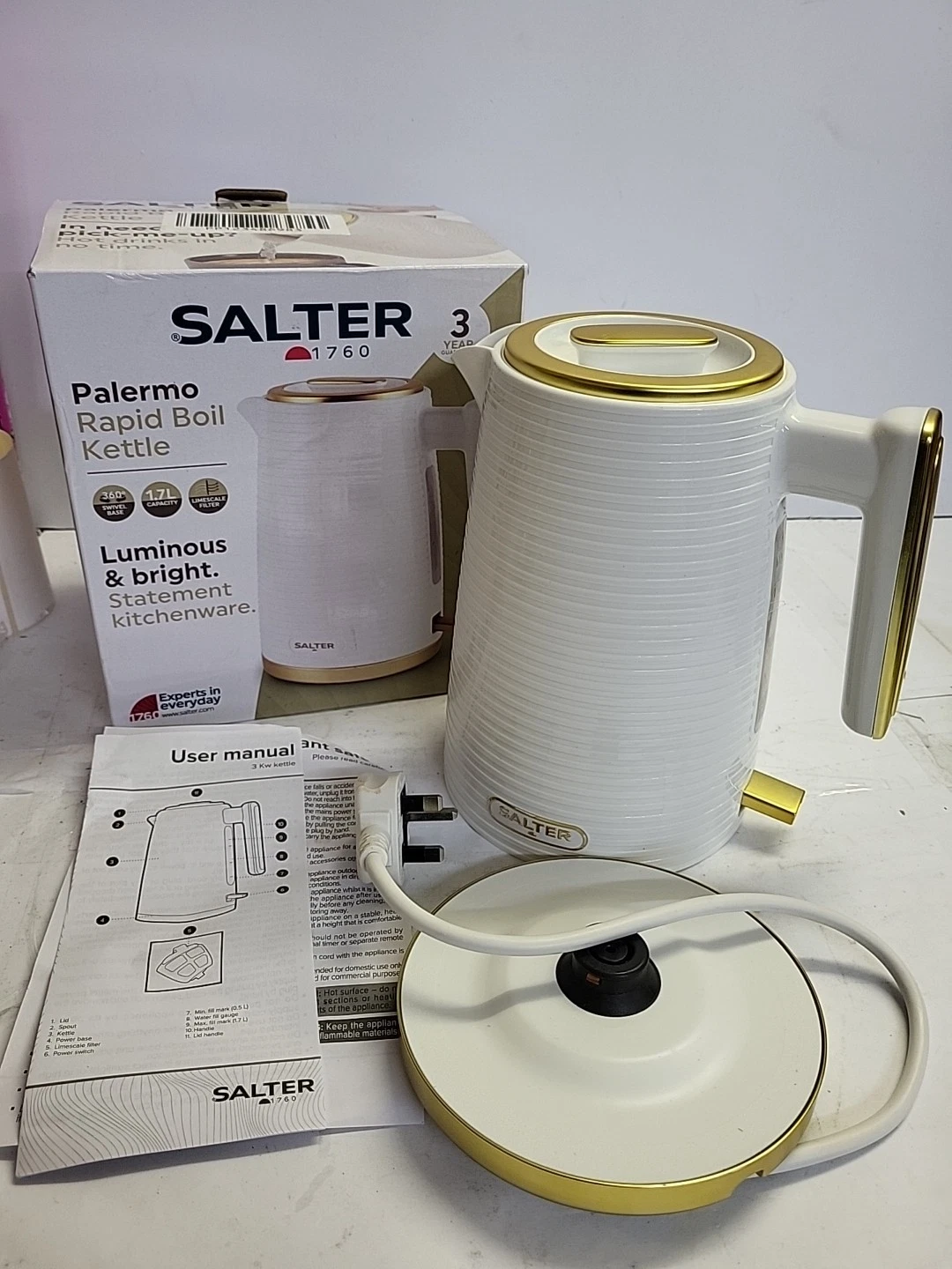 Salter 1.7L Palermo 3kW Cordless Kettle Rapid Boil Textured White REF R387