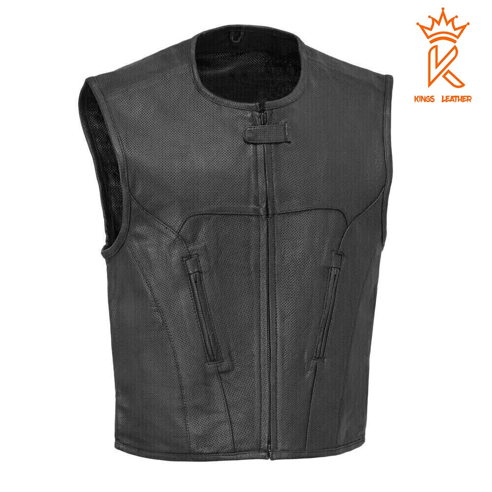 Men Perforated Black Premium Leather Club Motorcycle Vest Bike Riding Waistcoat