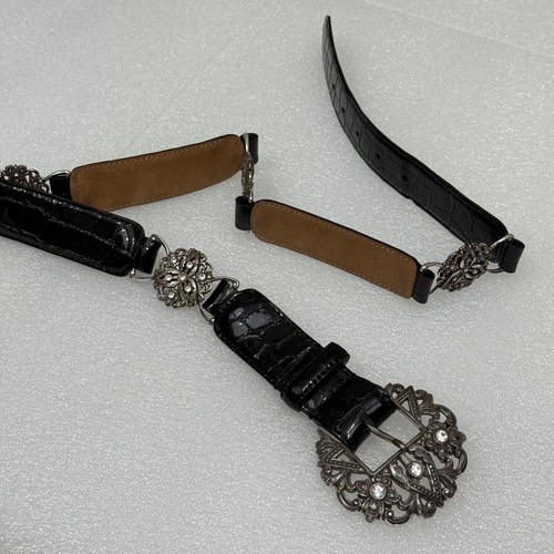 Vintage Brighton Belt Croc Embossed Patent Leather Rhinestone Studded Silver 34 - Picture 9 of 22