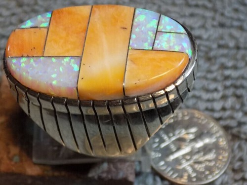 Mens Silver Spiny Oyster Created Opal Inlay Ring Navajo Ray Jack Size 10 - Picture 2 of 3